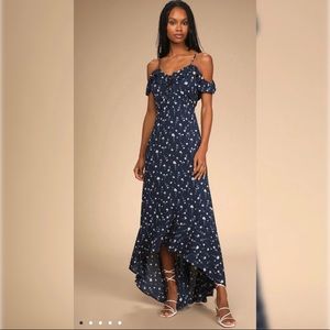 NWT LULU’s Navy Blue Floral Off the Shoulder Maxi Dress